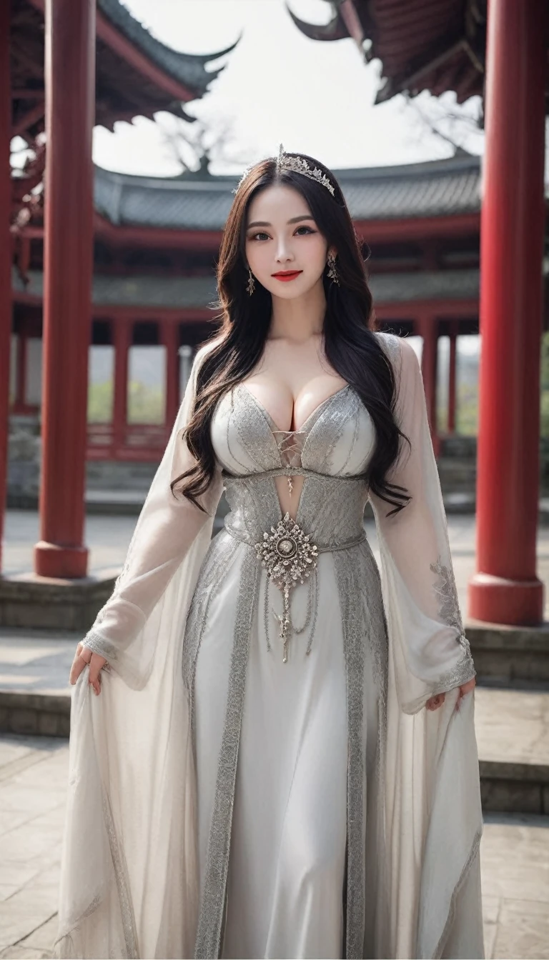 (((Sexy Woman)))、((Very beautiful 30 year old white woman))、(((Big big cleavage)))、witch、ブロンドのMature witch、Plump figure、smile、Middle-aged beauty 、Very delicate and delicate skin texture、Mature witch、{(Ancient ornate and luxurious temple)、(Many torches are burning)}、Red lips、Beautiful scarlet eyes、(((Gorgeous and glamorous silver outfit and luxurious accessories)))、I have a shiny platinum wand、