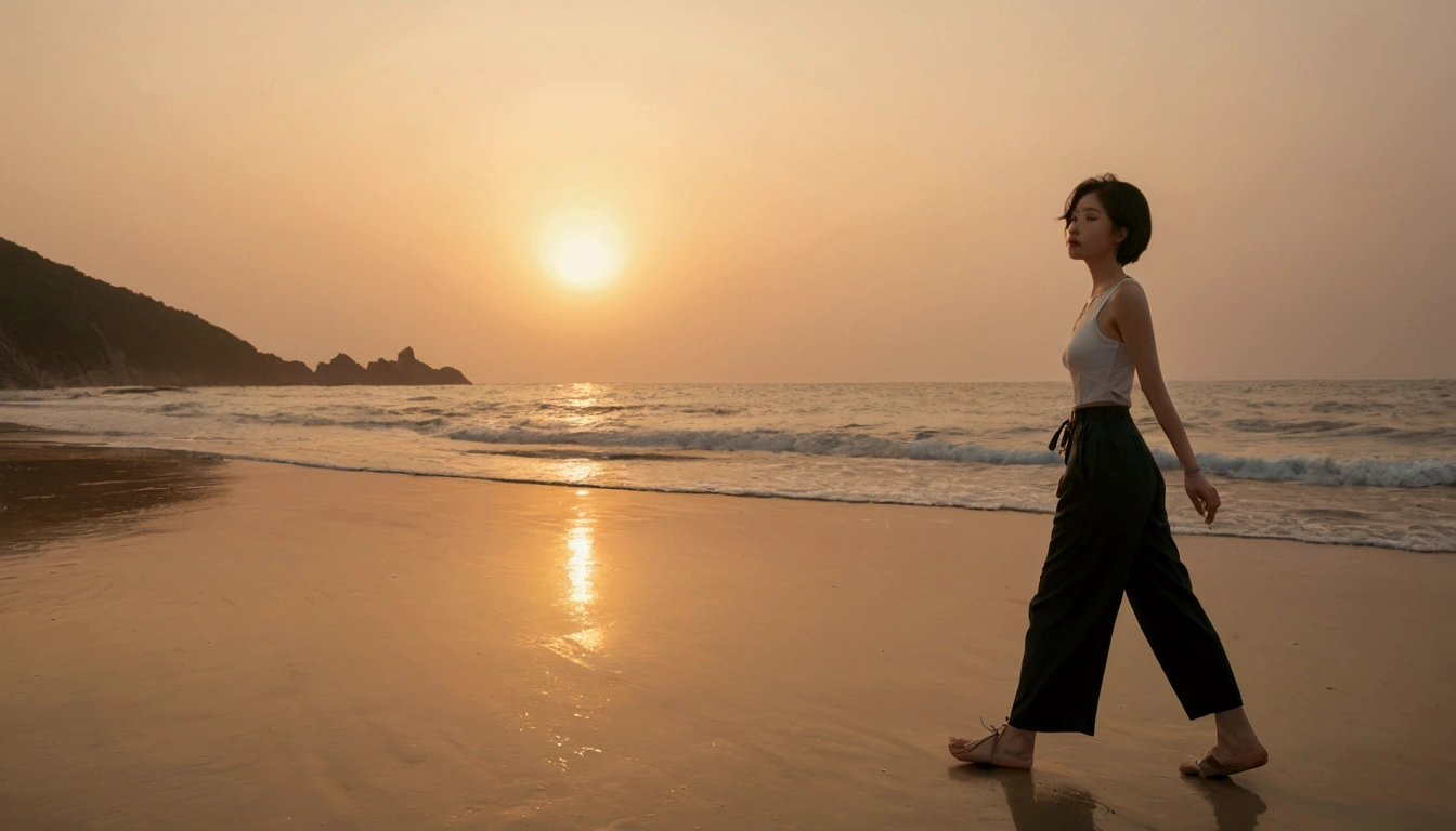 8k, Vivid picture quality, Vivid picture quality, long deserted beach, Full body shot from a distance with a wide angle lens, Short hair, beautiful appearance, Model-like body, Short and slim Korean woman, sunset의 붉은 빛, sunset, alone, afternoon, depressed, tide가 밀려온다, ocean, tide, wind, Clear picture quality, tower, casual pants, Look at the camera, Short hair, walk on the beach, strong red light