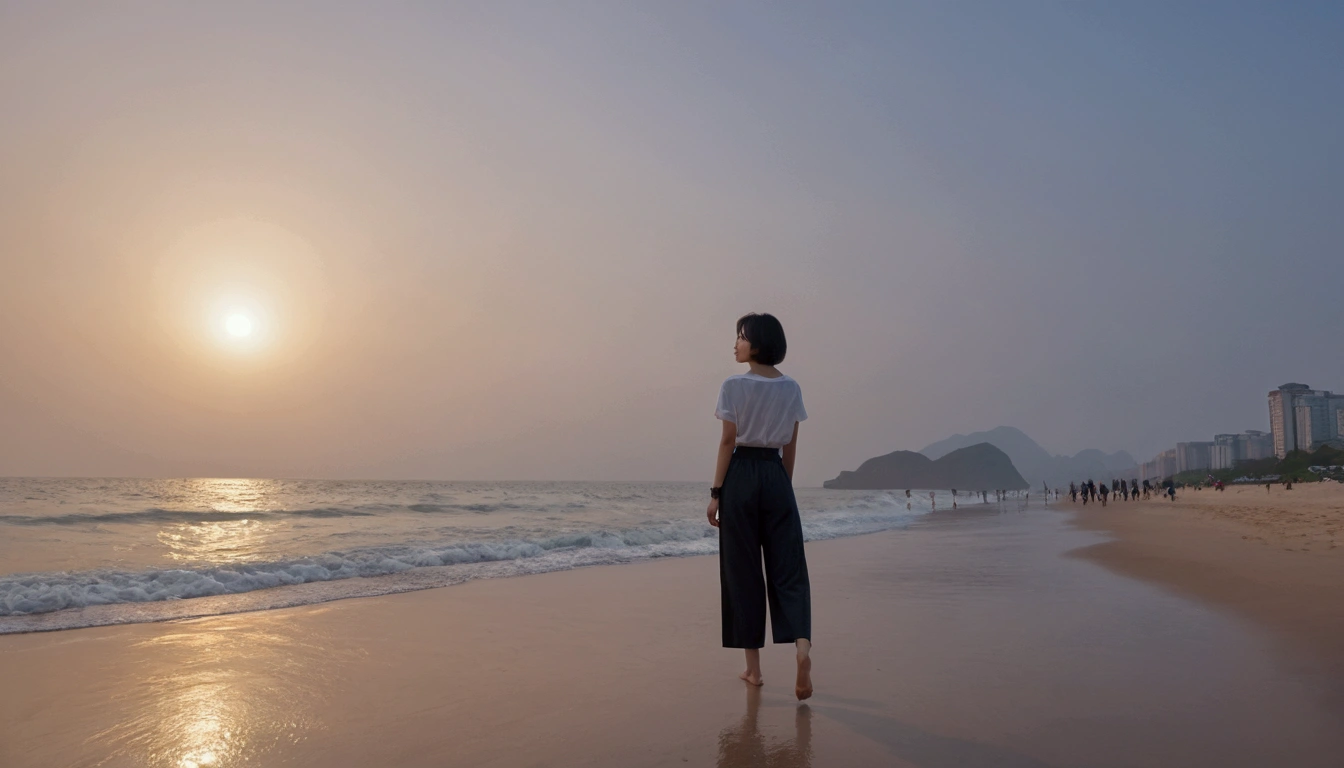 8k, Vivid picture quality, Vivid picture quality, long deserted beach, Full body shot from a distance with a wide angle lens, Short hair, beautiful appearance, Model-like body, Short and slim Korean woman, sunset의 붉은 빛, sunset, alone, afternoon, depressed, tide가 밀려온다, ocean, tide, wind, Clear picture quality, tower, casual pants, Look at the camera, Short hair, walk on the beach, strong red light