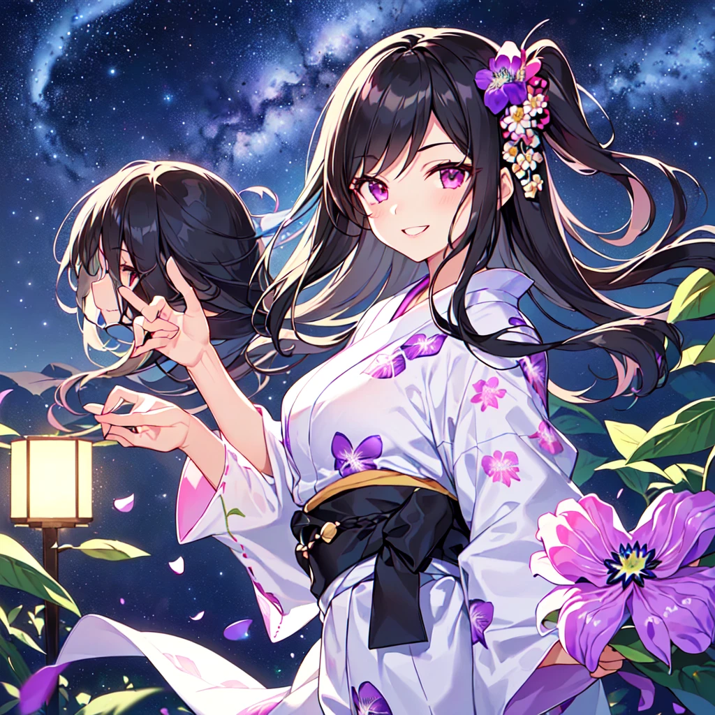 masterpiece, best quality, high quality, extremely detailed, very delicate and beautiful, (1 female 18 years old solo:1.5), (long black hair up to waist with two side up:1.5), bangs to eyebrows, eyes Eyes sharp, strong glossy glossy eyes, eyebrows glossy, (eye color magenta:1.3), 6.5 head height, (yukata Passiflora caerulea flower print:1.3), knee socks, lace, frills, (smiling), (running:1.3), (smiling), (dynamic pose), (background Passiflora caerulea flower field:1.3) , (Milky Way Night Sky: 1.3), (upper body:1.3)