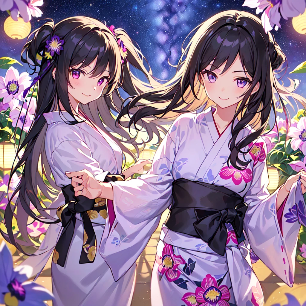 masterpiece, best quality, high quality, extremely detailed, very delicate and beautiful, (1 female 18 years old solo:1.5), (long black hair up to waist with two side up:1.5), bangs to eyebrows, eyes Eyes sharp, strong glossy glossy eyes, eyebrows glossy, (eye color magenta:1.3), 6.5 head height, (yukata Passiflora caerulea flower print:1.3), knee socks, lace, frills, (smiling), (running:1.3), (smiling), (dynamic pose), (background Passiflora caerulea flower field:1.3) , (Milky Way Night Sky: 1.3), (upper body:1.3)