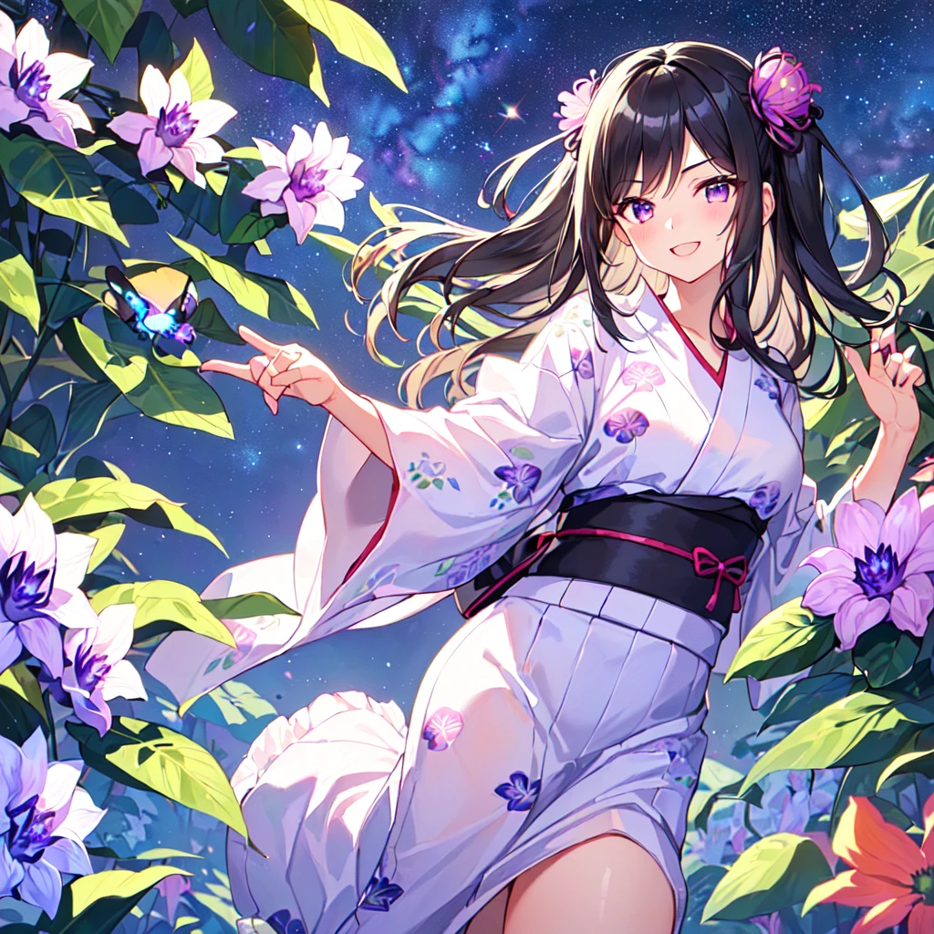 masterpiece, best quality, high quality, extremely detailed, very delicate and beautiful, (1 female 18 years old solo:1.5), (long black hair up to waist with two side up:1.5), bangs to eyebrows, eyes Eyes sharp, strong glossy glossy eyes, eyebrows glossy, (eye color magenta:1.3), 6.5 head height, (yukata Passiflora caerulea flower print:1.3), knee socks, lace, frills, (smiling), (running:1.3), (smiling), (dynamic pose), (background Passiflora caerulea flower field:1.3) , (Milky Way Night Sky: 1.3), (upper body:1.3)