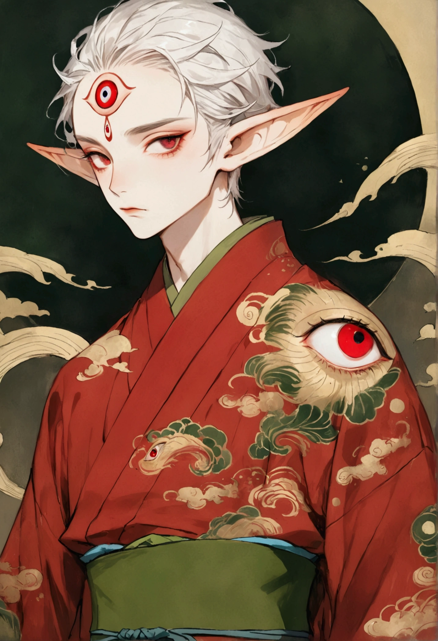 Art Illustration，Dark Style，(((1 Boy，独奏，third eye on the forehead，Elf ears))),(((Gorgeous Japanese red kimono：1.6，Eye Diagram，Dark Pattern))).(((Thin waist，Greenbelt：1.37)))whole body