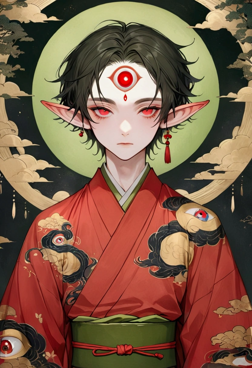 Art Illustration,Dark Style,(((1 Boy,独奏,third eye on the forehead,Elf ears))),(((Gorgeous Japanese red kimono:1.6,Eye Diagram,Dark Pattern))).(((Thin waist,Greenbelt:1.37)))whole body