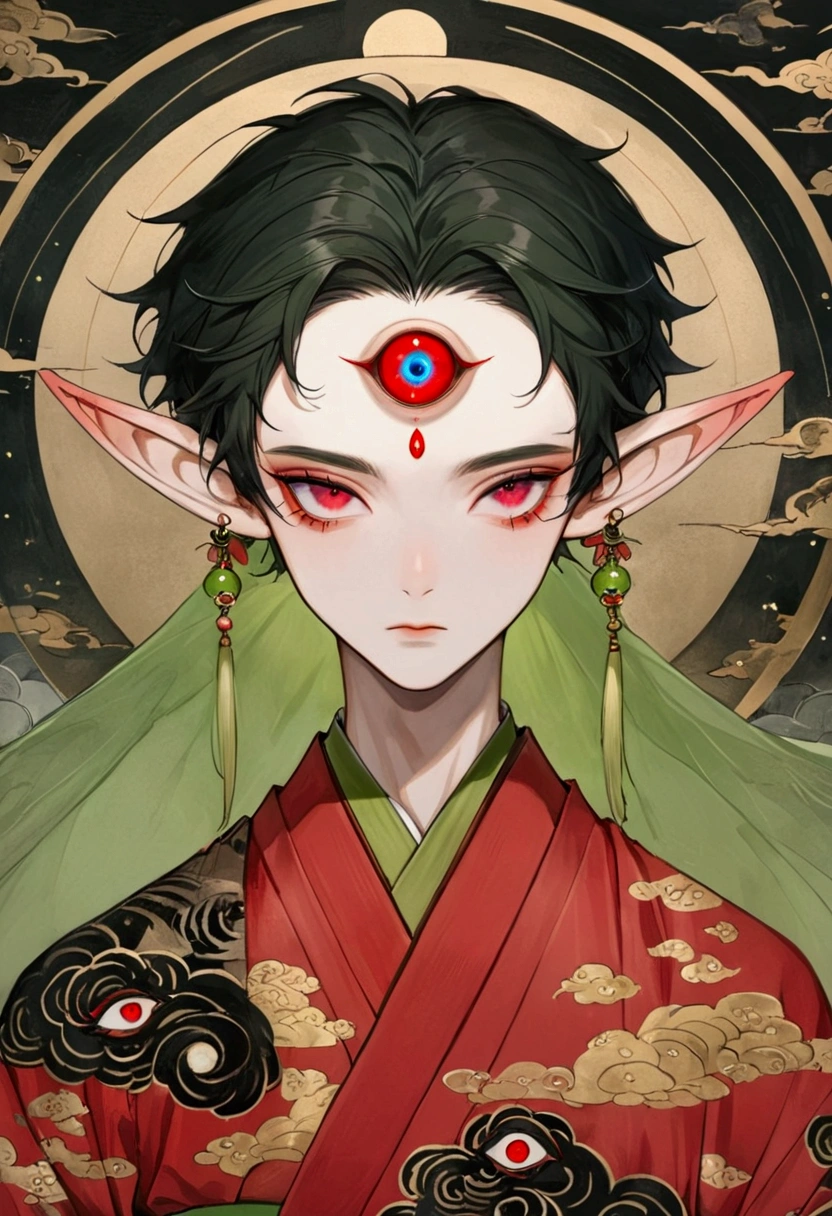 Art Illustration,Dark Style,(((1 Boy,独奏,third eye on the forehead,Elf ears))),(((Gorgeous Japanese red kimono:1.6,Eye Diagram,Dark Pattern))).(((Thin waist,Greenbelt:1.37)))whole body