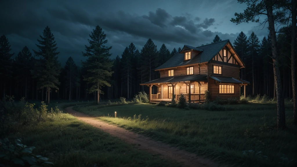 NIGHT FOREST WITH A HOUSE IN THE MIDDLE WITH TERROR WEATHER BUT DON&#39;T MAKE IT TOO DARK 
