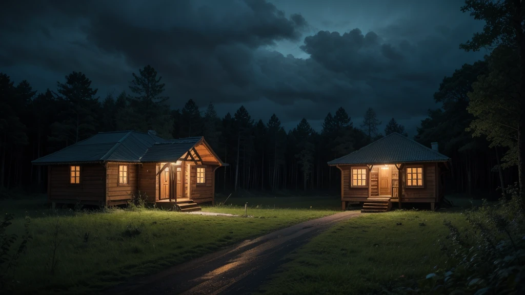 NIGHT FOREST WITH A HOUSE IN THE MIDDLE WITH TERROR WEATHER BUT DON&#39;T MAKE IT TOO DARK 