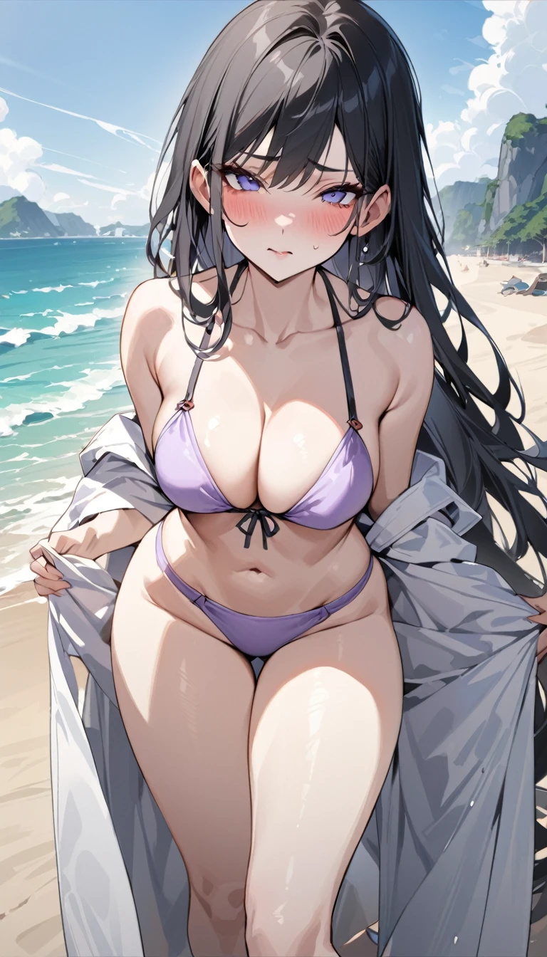 masterpiece, High resolution, perfect face, beauty of China, 30 years old, beautiful face, beach, light purple bikini, embarrassed look, look at the camera, top quality eyes, detailed texture, standing and look at me, Married woman, cool women, high resolution eyes, black hair, thighs job, white skin, B cup