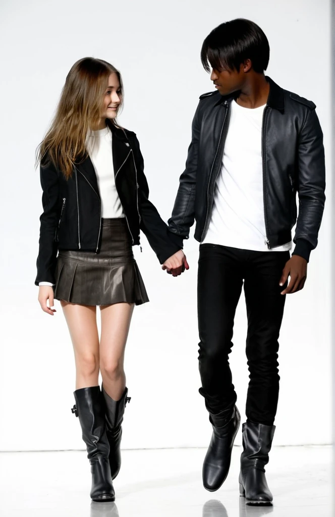  age girl with moving hair, 18 years old, beautiful in a short skirt holding hands with a man with dark skin, thin degraded hair, in a black jacket, black boots, white background 