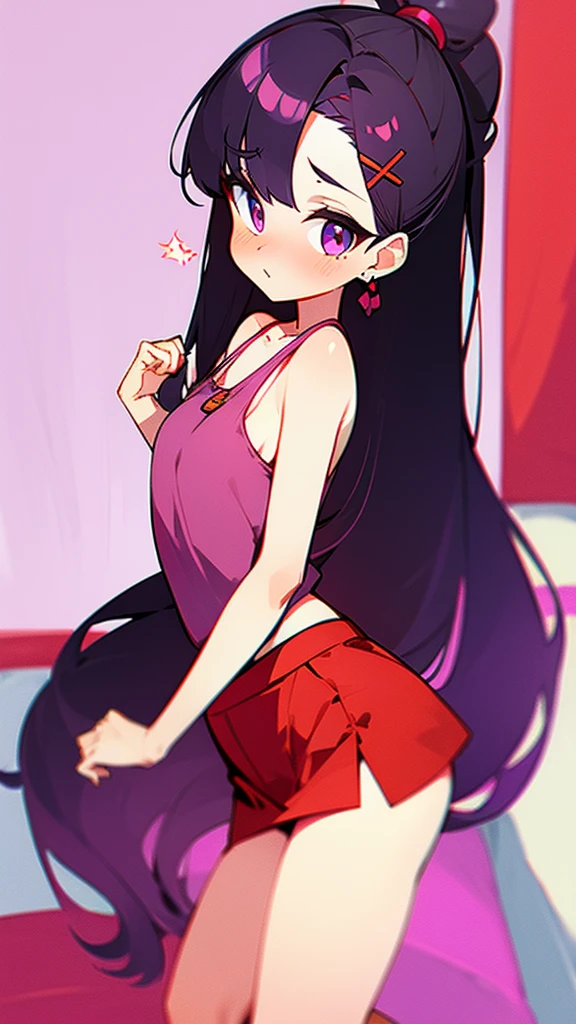 Cabello negro ondulado, mirada penetrante con ojos profundos de color rojo, estatura promedio, Silky hair with a ponytail hairstyle collected with a red bow with two white lines., acostada en su cama ,sin ropa , tiene vagina, tiene pechos,NSFW, senos medianos, delgada, usando un traje de conejita sexy, vestido babydoll, cuerpo, maid, elfa