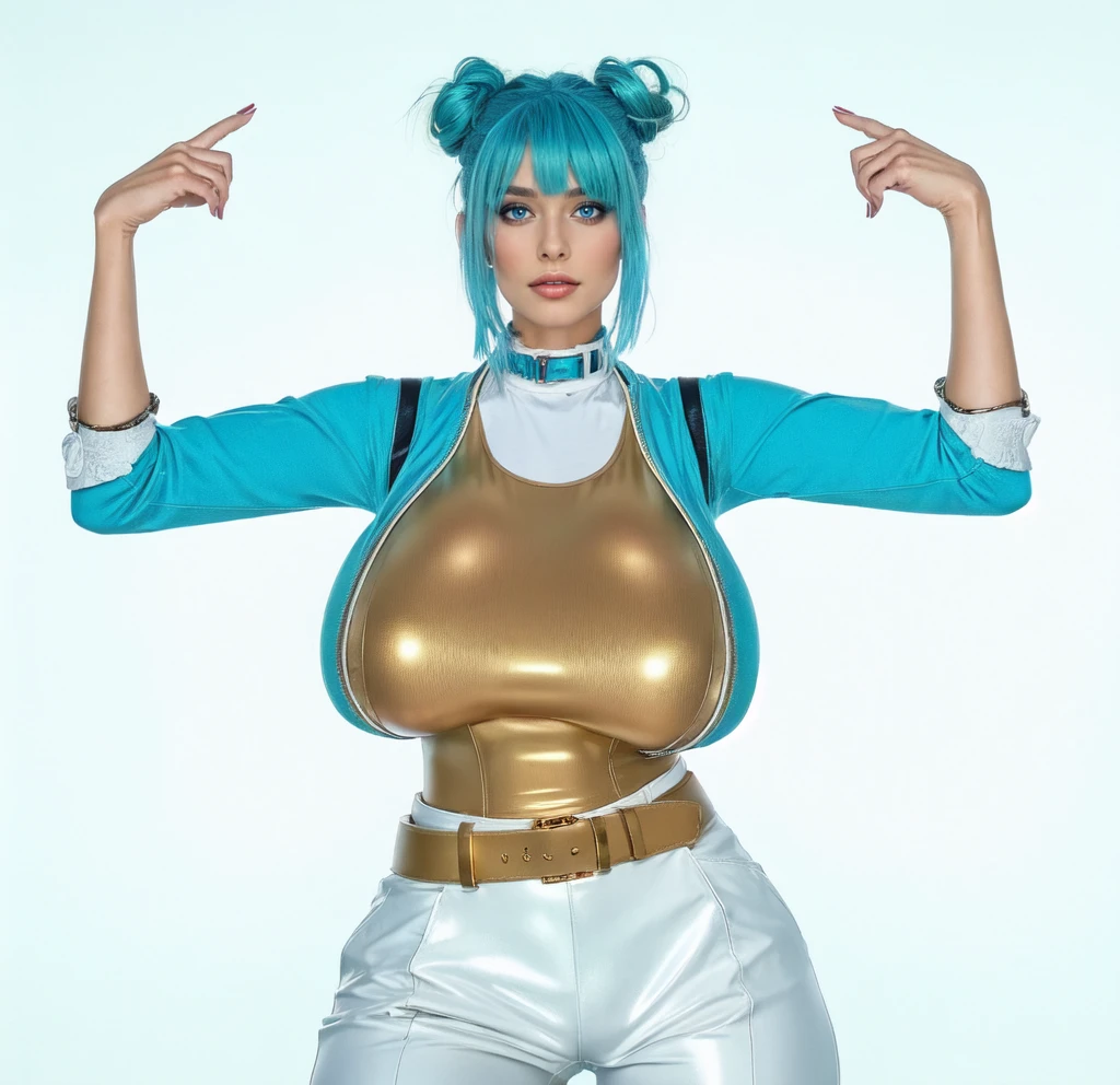 adult french woman with cyan blue hair, space bun haircut, gold T-shirt, cyan blue croppet jacked,big breate latex trousers, gold belt blue eyes,standing