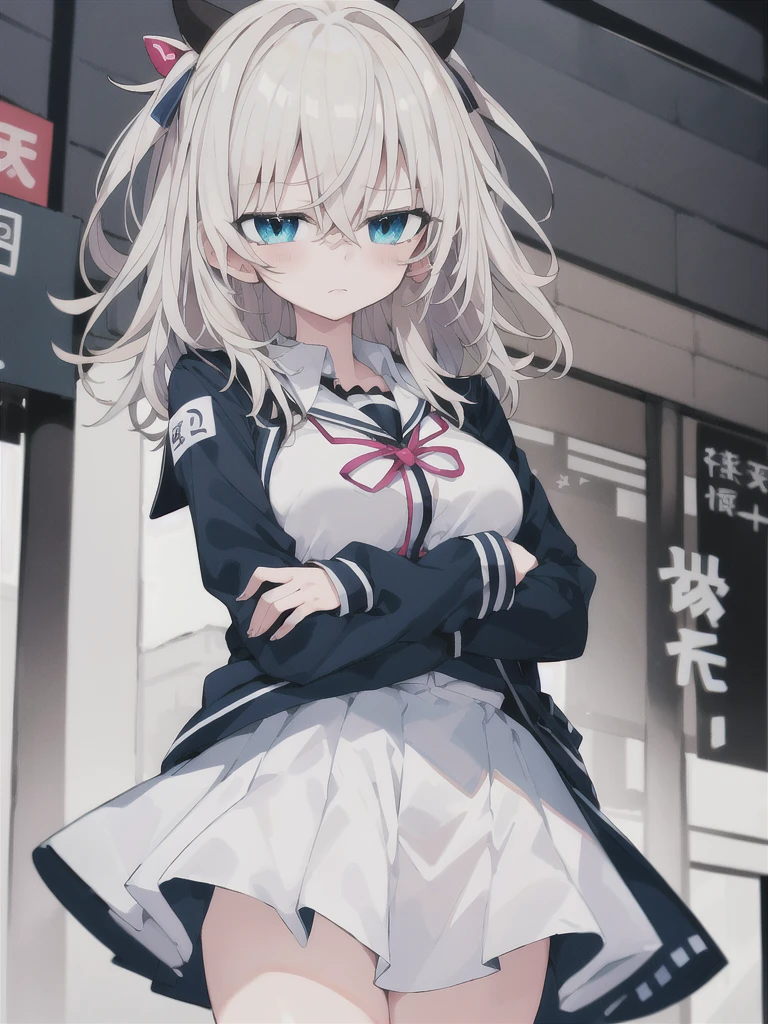 insanely detailed, absurdres, ultra-highres, ultra-detailed, best quality,
1girl, solo, nice hands, perfect hands
BREAK
(wearing school uniform),
upset, closed mouth,
standing,crossed arms,
from front, cowboy shot, looking at viewer
BREAK
slender, kawaii, perfect symmetrical face, ultra cute girl, ultra cute face, ultra detailed eyes, ultra detailed hair, ultra cute, ultra beautiful,
BREAK
in harajuku, shibuya, tokyo, street, crowd, cityscape,
medium large breasts
BREAK
(white) blonde hair, medium hair, messy hair, blue eyes, hair between eyes