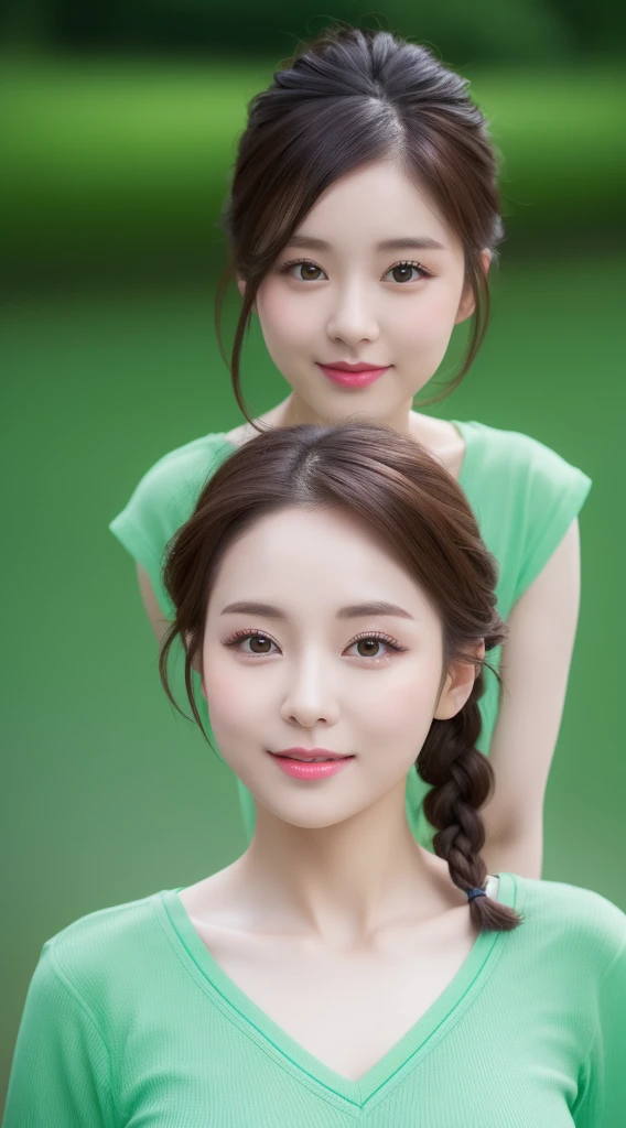 Realistic photos of (1 cute Korean star) blue french braid, thin makeup, slightly smile, 32 inch breasts size, green v-neck t-shirt,hot pants, , upper body portrait, UHD, green shoes, background river