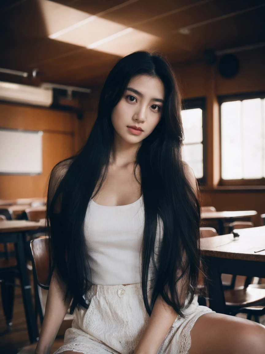 (Practical:1.1), (photoPractical:1.1), (masterpiece:1.1), (best quality:1.1), RAW photos, high resolution, Extremely detailed, High-detail RAW color photos,Professional photographer,masterpiece, best quality,Practical,Genuine Leather,1 Girl,low_key,Solitary,light,Long hair ,whole body, permanent,classroom, Beautiful and delicate eyes,natural light, (Delicate face:1.2),Extremely beautiful face,