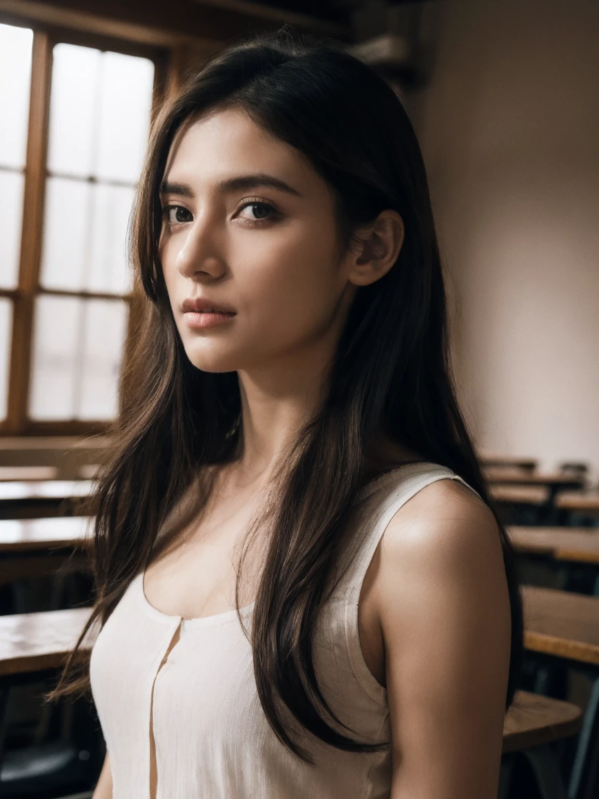 (Practical:1.1), (photoPractical:1.1), (masterpiece:1.1), (best quality:1.1), RAW photos, high resolution, Extremely detailed, High-detail RAW color photos,Professional photographer,masterpiece, best quality,Practical,Genuine Leather,1 Girl,low_key,Solitary,light,Long hair ,whole body, permanent,classroom, Beautiful and delicate eyes,natural light, (Delicate face:1.2),Extremely beautiful face,