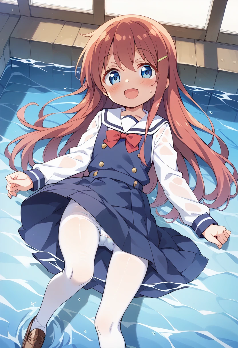 score_9, score_8_up, score_7_up, source_アニメ, masterpiece, 1girl, watahana, blue dress, sailor dress, pinafore dress, white sailor collar,white shirt, red bowtie, long sleeves, flat chest, white pantyhose, loafers, White socks、cowboy shot, looking at viewer, indoors, open mouth, shiny hair, smile, Open your mouth, cuteポーズ, (Completely flooded)、Immersed in water、Transparent pool, Water Play, Primary school students、Skirt fully open、Long wide skirt、Panty flashing、cute、blush、Watery eye、Lots of water、Wet、((The skirt spreads over the water surface.))、(Drowning)、