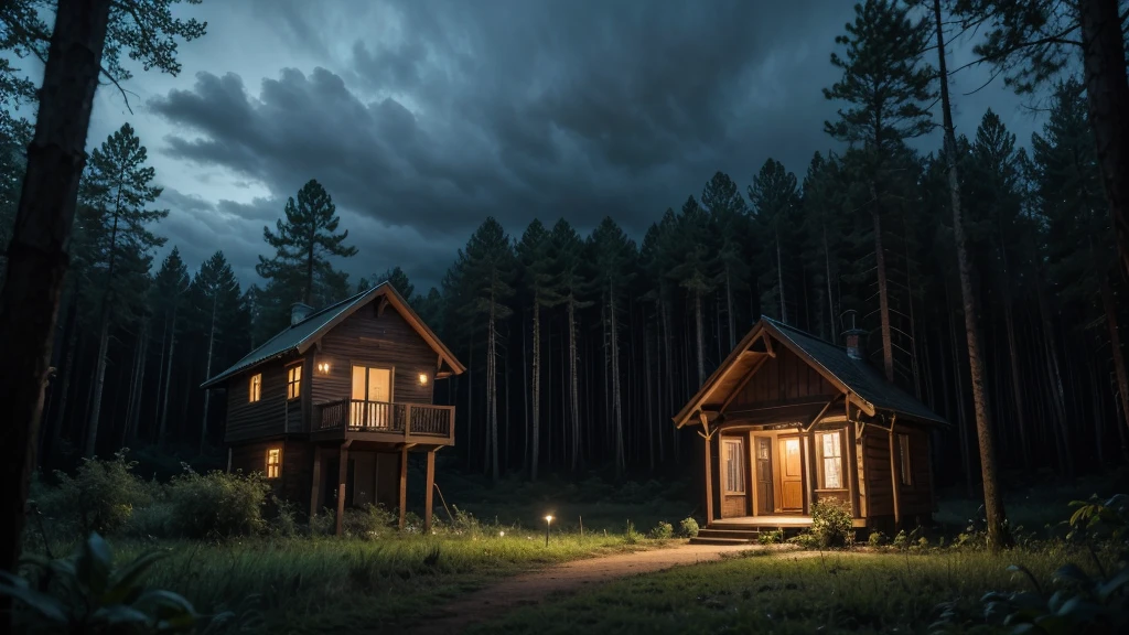 NIGHT FOREST WITH A HOUSE IN THE MIDDLE WITH TERROR WEATHER BUT DON&#39;T MAKE IT DARK