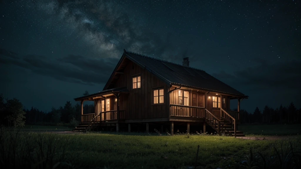NIGHT FOREST WITH A HOUSE IN THE MIDDLE WITH TERROR WEATHER BUT DON'T MAKE IT DARK