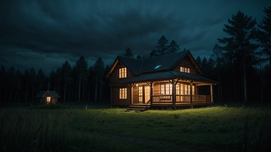 NIGHT FOREST WITH A HOUSE IN THE MIDDLE WITH TERROR WEATHER BUT DON'T MAKE IT DARK