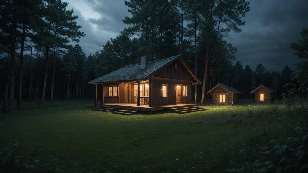 NIGHT FOREST WITH A HOUSE IN THE MIDDLE WITH TERROR WEATHER BUT DON'T MAKE IT DARK