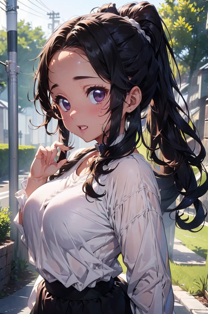 (Highest quality、masterpiece、8k)、(((whole body、Are standing、One Woman)))、Blushing、laughing、Sweat、Wet、Attractive lips、Glowing Skin、Fair skin、High Ponytail、Wavy Hair、Perfect hands、Perfect Fingers、Perfect breasts、Perfect Hair、Perfect Face、Perfect body