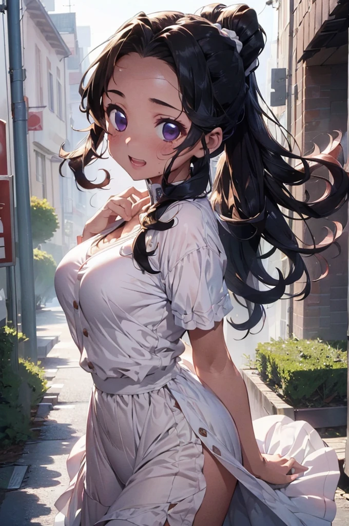 (highest quality:1.2, Very detailed, up to date, Vibrant, Ultra-high resolution, High Contrast, masterpiece:1.2, highest quality, Best aesthetics), Portraiture、girl、((25-years-old:1)), (knit dress sweater with a naked slit between cleavage and underboobs:1.5), (side slits:1.3), white knit, micro mini, backless, no sleeve, (cleavage cutout:1.4), sideboob, Bright colors、Beautiful fine details、Beautiful lip detail, long hair、black and purple ((streaked hair:1.6)), highlights hair: 1.5, brown eyes, gold earrings, ((slim body:1.4)), (small breast:0.7), (dark skin:0.5), summer, walking, white street, full body