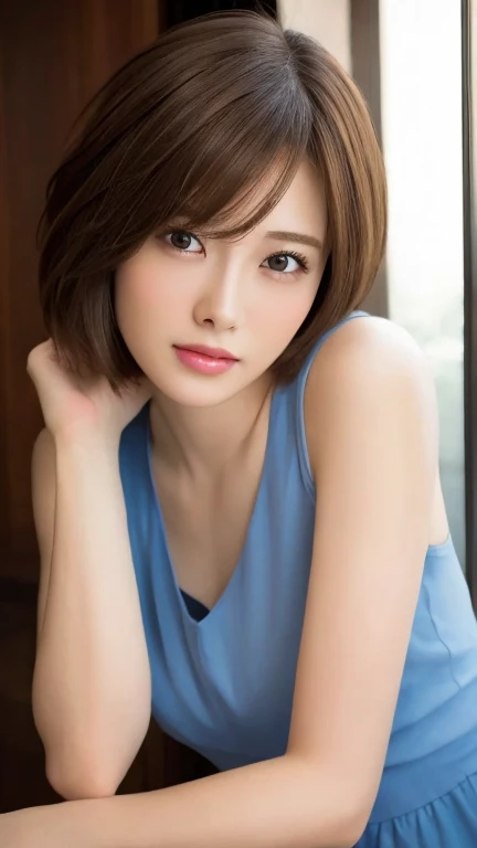 ((masterpiece、Highest quality、High resolution、Tabletop))、(Original photo)、Realistic、Bright lighting、Professional Lighting、Face Light、Smooth lighting、Japanese women、Adult、Beautiful woman、action、gravure、sexy、poor、so beautiful、Beautiful Skin、Beautiful and detailed、Detailed face、slim、moderately、short hair、Brunette Hair、Brown eyes、Looking into the camera