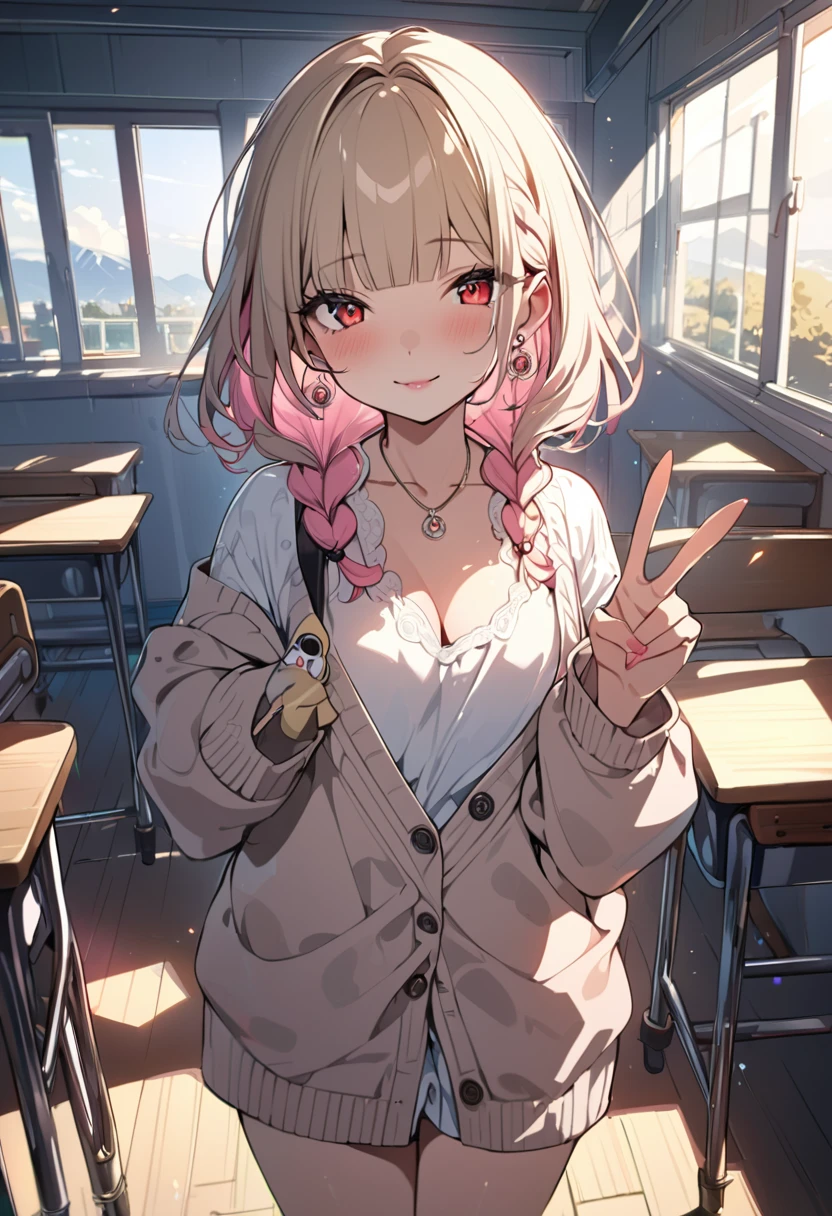 (((anime))), ((anime)), (Gal), Medium Hair, (Braid:1.3), (Blunt bangs:1.2),Two-tone hair, Blonde, (Pink Hair), Round face, Red eyes, (Droopy eyes), (((puppet))),Pink Lip,Earrings,necklace,[Dark Skin], A light smile, ((((cute)))), beautiful, 1 girl, alone, (cardigan:1.4), [Cleavage cutout],peace sign,beautiful background,(classroom:1.5),evening,sunlight,Backlight,masterpiece,Highest quality,Exquisite,8k,Absurd,Ultra-fine illustrations,(View your viewers)