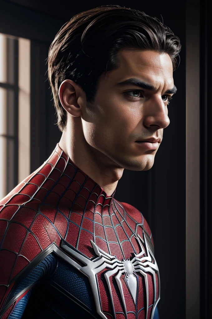 A photograph of Spider-Man., sin mascara, the 20s, elegant, detailed face, looking to the camera, portrait, 8k hd, high quality