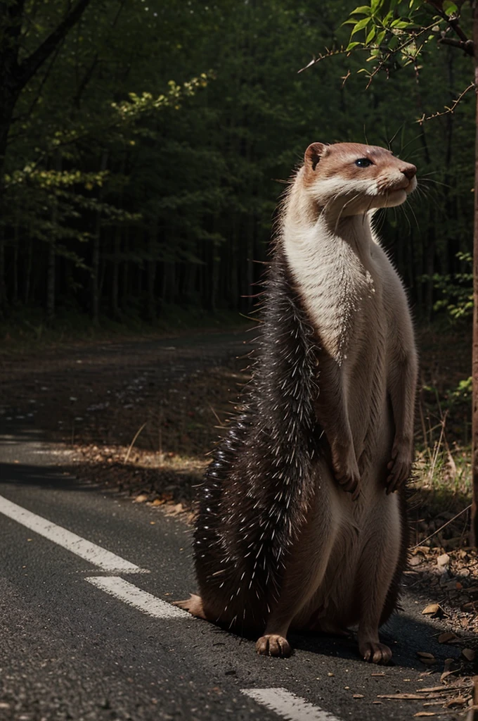2 people saw a weasel carcass with many black thorns in the middle of a road surrounded by forest, real style, hd realistic