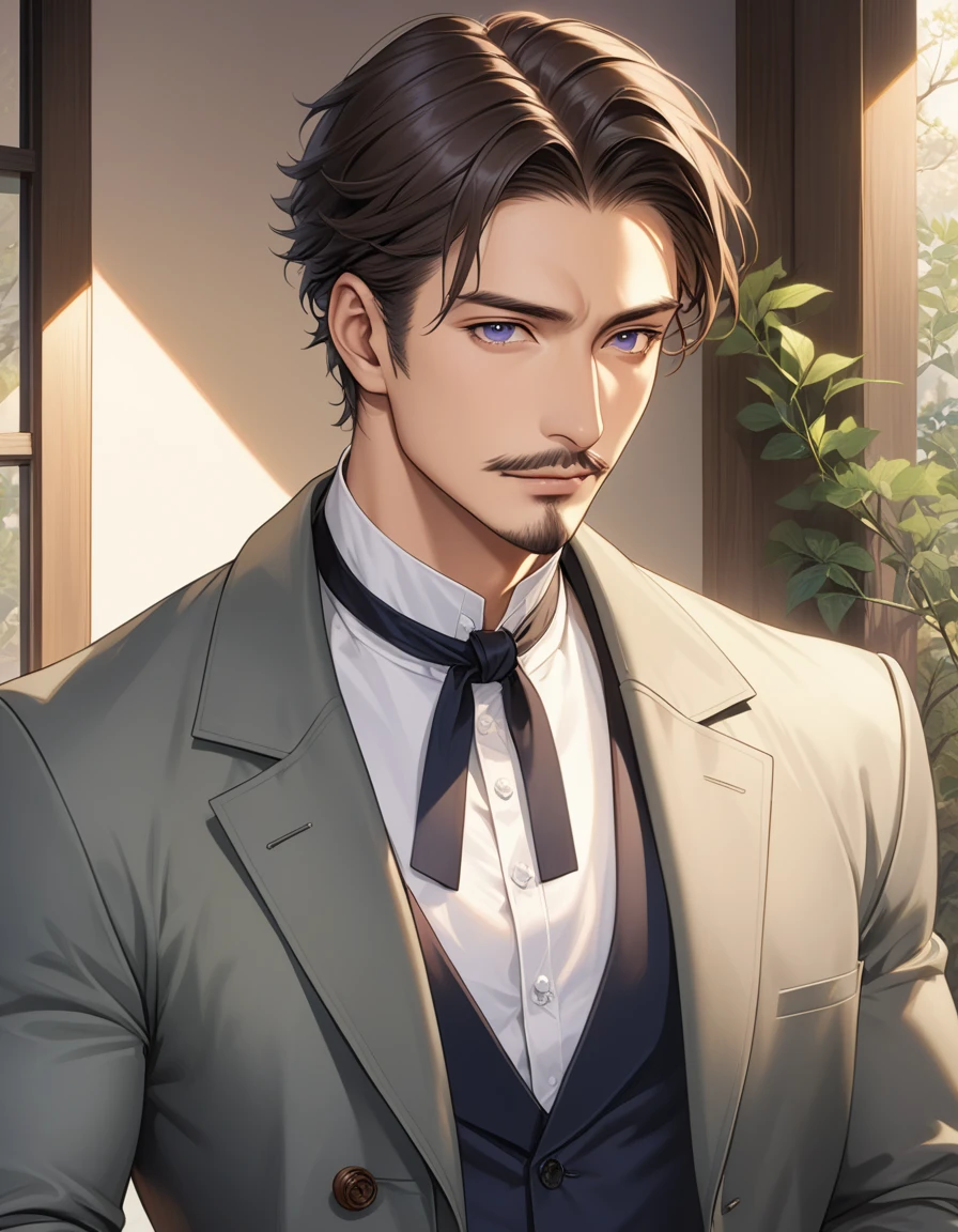 1man, mature male, parted bangs, medium-short hair, brown hair, muscular male celeb, short goatee, short mustache, indigo eyes, gentleman, elegant netori male, BREAK solo, white collared shirt, gray trench coat, black neck ribbon, in gentle sasaki style, visual novel, 2010s, extreme all detailed, masterpiece, best quality