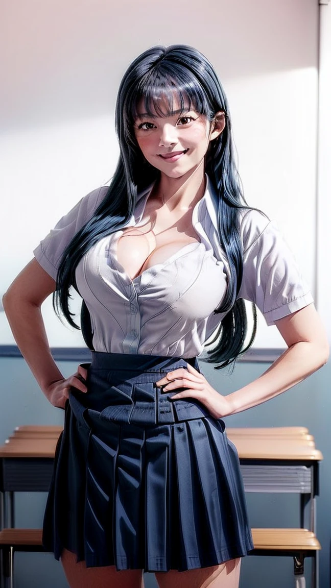 masterpiece, best quality, detailed, focus on character, (1girl:1.5), (solo:1.5), akane tendo, (long hair:1.5), (blue hair:1.5), (brown eyes:1.5), (school uniform:1.5), (white shirt:1.5), (short sleeves:1.5), (blue skirt:1.5), (miniskirt:1.5), (white background:1.5), (curvy body:1.0), (middle breasts:1.5), (smile:1.5), (blush:1.5), (looking at viewer:1.5), (sketch:1.5), (sharped:1.5), (cowboy shot:1.5), (standing:1.5), (looking at viewer:1.5), (hands on own hips:1.5),(((class room background))),((deep cleavage exposing breast)),((nude breast)),((remove shirt nude breast nude breast showing her breast))