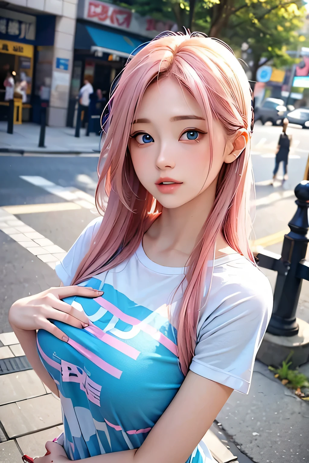 a cute girl, blue eyed, pink and long hair, breast, wearing a t-shirt, on town, Take a selfie while holding a peaceful style with your hands, by style of onii kei, dreamy and romantic, light gray and light amber, jagged edges, light teal and light red, timeless beauty, 8k