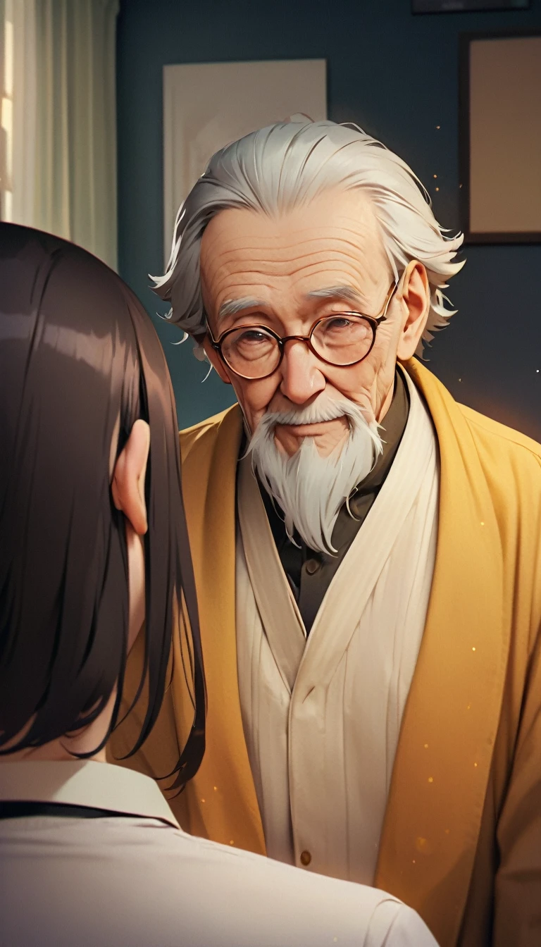 ((Highest quality)),An old man and a beautiful woman are having a friendly conversation
