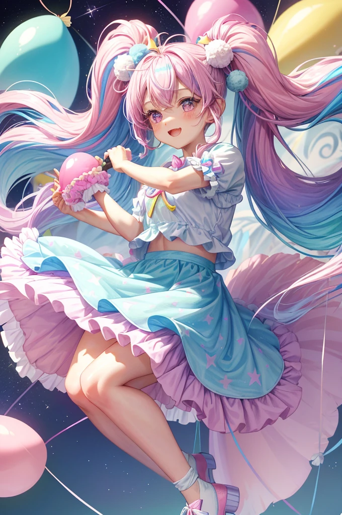 (whole body, legs and shoes visible: 1.2)) Expressive eyes, One girl, Pale skin, Long Hair, Windblown Hair, ((absurdly Long Hair)), Long Side Lock, Princess bangs, Hair bangs, Hair Bun, ((Very long twin tails)), Rainbow Hair, Light pink hair, blush, full face blush, big sparkling Pastel Purple eyes, (Gradient Eye), Laughing with your mouth open, cute pose, ((Holding a balloon : 1.3)) ((cute and pastel fashion)) ((🦄🎠🎈🎉 theme : 1.4)) A loose pastel dress, ((Dreamy multi-colored open dress)), (Floating ribbon), Lavender Frill, Pink frills, (Light blue lace), Removable short sleeves, Fluffy skirt, ((Rainbow and star printed skirt : 1.3)), Lolita Skirt, Purple ribbon, ((pom pom ribbon hair ornament : 1.4)), Multiple Bows, Striped lace stockings, (heart型のレッグガーター), cute (Pastel Purple) shoes ((Ultra-detailed clothing and fashion)) I&#39;m watching you, Vintage Girl, blush, (Beautiful attention to detail), (Highly detailed CG Unity 8k wallpaper) (Best Shadow), ((Very delicate and beautiful)), (Detailed light), ((Depth of written boundary)) Big Head, Big, bright eyes, Moe, Splash Art, Cinema Lighting, Front view, volumetric lighting maximalist photo illustration k resolution high resolution intricate detailed complex key visuals precise linear ((Dreamy pastel sky background, Surrounded by sunset clouds, shooting star, Castle above the clouds)) ((Ultra-detailed landscapes, Foggy clouds, Hung by balloons, heart : 1.3))