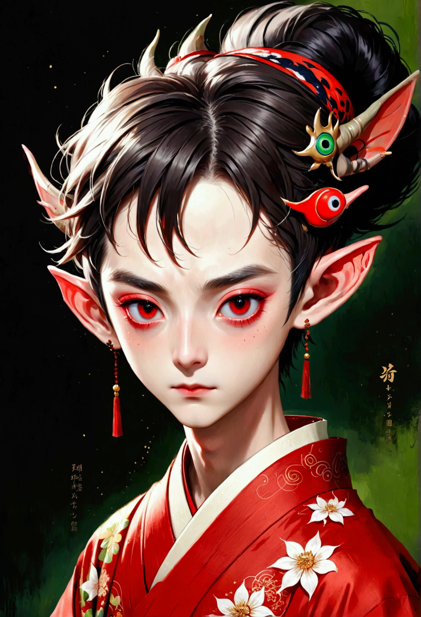 Art Illustration,Dark Style,(((1 Boy,独奏,third eye on the forehead,Elf ears))),(((Gorgeous Japanese red kimono:1.6,Eye Diagram,Dark Pattern))).(((Thin waist,Greenbelt:1.37)))whole body