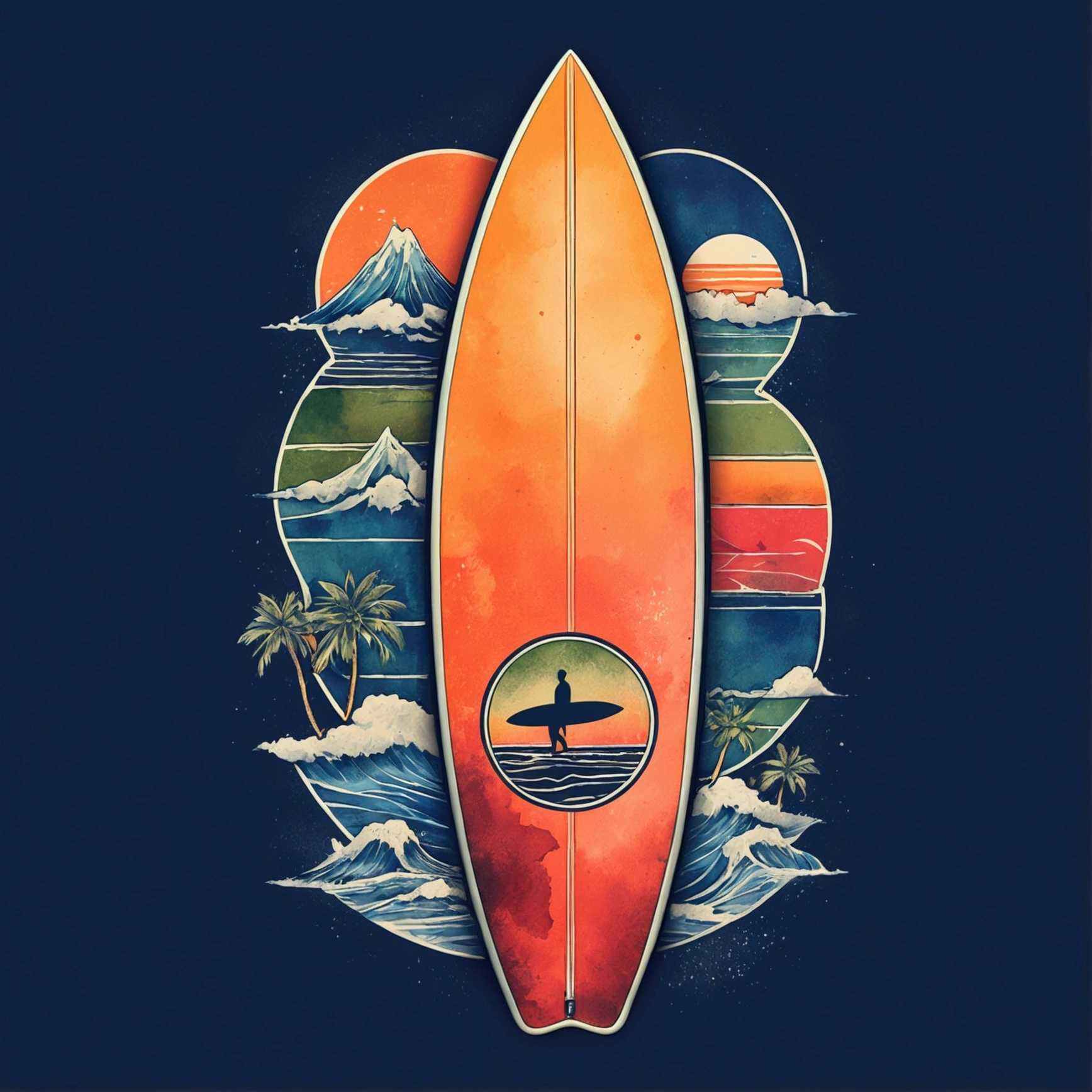 Create a vintage travel poster of an old surfboard, in soft tones, with no background, using nostalgic illustration techniques. A retro design in an old typography and worn textures." The-shirt vector, 2D art, vector; Shading and gradients, Art Nouveau, vibrant colors and synthwave. Vector design, thin lines, central composition, soft background, palette (dark blue , orange, red, olive green), watercolor logo style with printed effect, monochrome background, from yukisakura, with original and incredible colors.