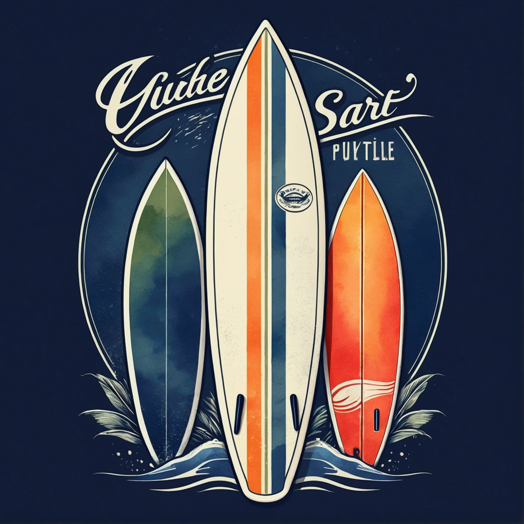 Create a vintage travel poster of an old surfboard, in soft tones, with no background, using nostalgic illustration techniques. A retro design in an old typography and worn textures." The-shirt vector, 2D art, vector; Shading and gradients, Art Nouveau, vibrant colors and synthwave. Vector design, thin lines, central composition, soft background, palette (dark blue , orange, red, olive green), watercolor logo style with printed effect, monochrome background, from yukisakura, with original and incredible colors.