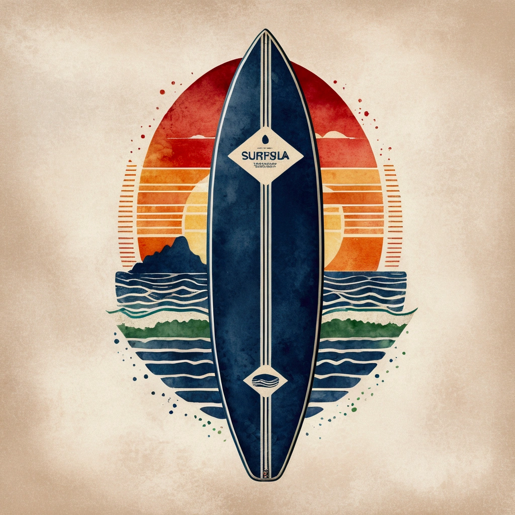 Create a vintage travel poster of an old surfboard, in soft tones, with no background, using nostalgic illustration techniques. A retro design in an old typography and worn textures." The-shirt vector, 2D art, vector; Shading and gradients, Art Nouveau, vibrant colors and synthwave. Vector design, thin lines, central composition, soft background, palette (dark blue , orange, red, olive green), watercolor logo style with printed effect, monochrome background, from yukisakura, with original and incredible colors.