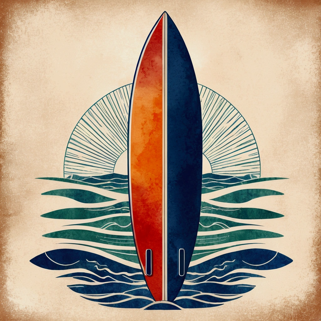 Create a vintage travel poster of an old surfboard, in soft tones, with no background, using nostalgic illustration techniques. A retro design in an old typography and worn textures." The-shirt vector, 2D art, vector; Shading and gradients, Art Nouveau, vibrant colors and synthwave. Vector design, thin lines, central composition, soft background, palette (dark blue , orange, red, olive green), watercolor logo style with printed effect, monochrome background, from yukisakura, with original and incredible colors.
