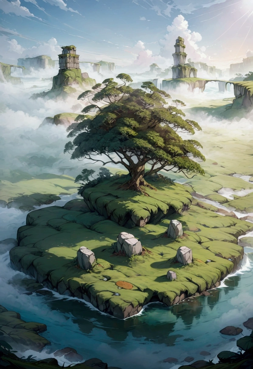 1girl, island, a mysterious island, lush tropical jungle, overgrown vegetation, winding rivers and waterfalls, ancient ruins and crumbling stone temples, sunlight filtering through the canopy, mist and fog obscuring the horizon, mysterious creatures lurking in the shadows, intricate carvings and hieroglyphics, weathered and mossy stone, golden sun rays, dramatic lighting, cinematic composition, vibrant colors, 8k, ultra-detailed, masterpiece, best quality, very aesthetic, absurdres