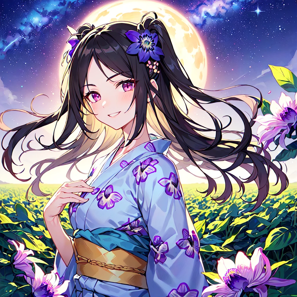 masterpiece, best quality, high quality, extremely detailed, very delicate and beautiful, (1 female 18 years old solo:1.5), (long black hair up to waist with two side up:1.5), bangs to eyebrows, eyes Eyes sharp, strong glossy glossy eyes, eyebrows glossy, (eye color magenta:1.3), 6.5 head height, (yukata Passiflora caerulea flower print:1.3), knee socks, lace, frills, (smiling), (running:1.3), (smiling), (dynamic pose), (background Passiflora caerulea flower field:1.3) , (Milky Way Night Sky: 1.3), (upper body:1.3)