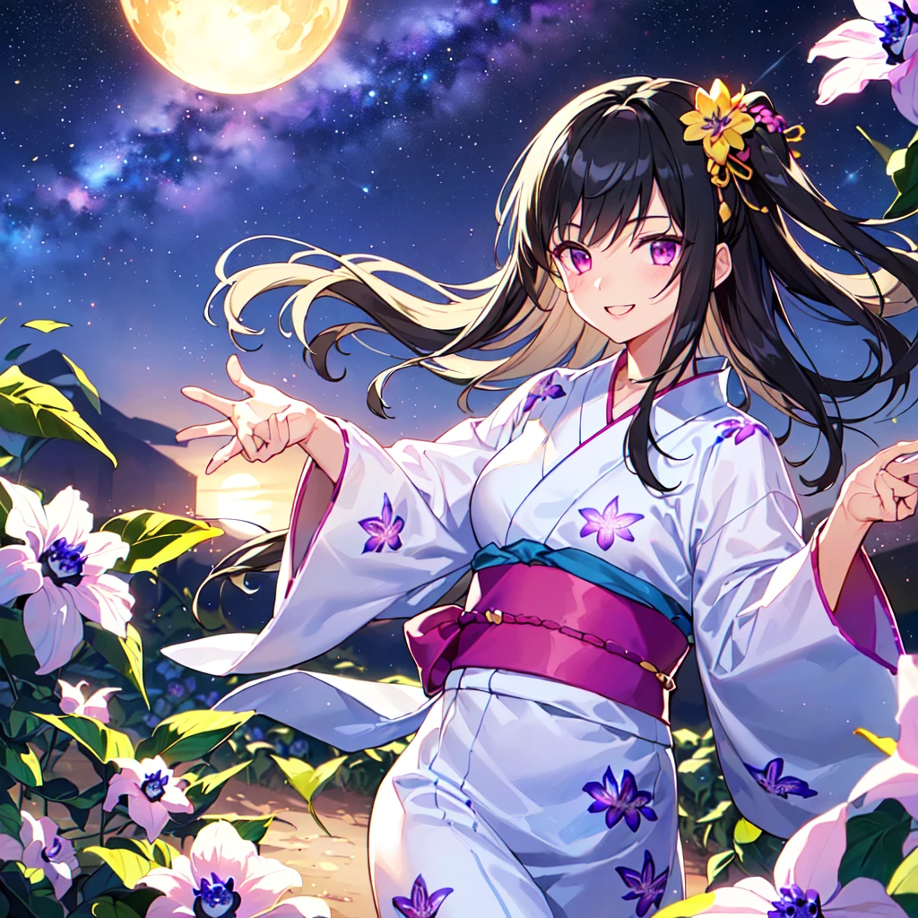 masterpiece, best quality, high quality, extremely detailed, very delicate and beautiful, (1 female 18 years old solo:1.5), (long black hair up to waist with two side up:1.5), bangs to eyebrows, eyes Eyes sharp, strong glossy glossy eyes, eyebrows glossy, (eye color magenta:1.3), 6.5 head height, (yukata Passiflora caerulea flower print:1.3), knee socks, lace, frills, (smiling), (running:1.3), (smiling), (dynamic pose), (background Passiflora caerulea flower field:1.3) , (Milky Way Night Sky: 1.3), (upper body:1.3)
