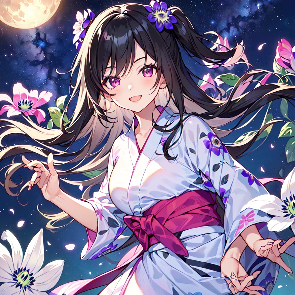 masterpiece, best quality, high quality, extremely detailed, very delicate and beautiful, (1 female 18 years old solo:1.5), (long black hair up to waist with two side up:1.5), bangs to eyebrows, eyes Eyes sharp, strong glossy glossy eyes, eyebrows glossy, (eye color magenta:1.3), 6.5 head height, (yukata Passiflora caerulea flower print:1.3), knee socks, lace, frills, (smiling), (running:1.3), (smiling), (dynamic pose), (background Passiflora caerulea flower field:1.3) , (Milky Way Night Sky: 1.3), (upper body:1.3)