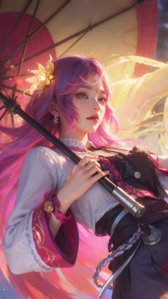 Portraits of the most beautiful chaotic forms, elegance, Fauvist design, bright colors, romanticism, by James Jean, Roby Dwi Antono, Ross Tran, Francis Bacon, Michal Mraz, Adrian Ghenie, Petra Cortright, Gerhard Richter, Takato, Yamamoto, Ashley Wood, Atmosphere, Trends on ArtStation. 8K masterpiece. (Alphonse Mucha Style:1.2), 3D Render, CGI, Symetrical, Octane Render, 35mm, Bokeh, 9:16, (Intricate Details:1.12), HDR, (Intricate Details, Hyperdetailed:1.15), (Natural Skin Texture, Hyperrealism, Soft Light, Sharp:1.5), rimlight, low, glowing, thighs, wearing a flowing, silky traditional oriental dress, pink, tight translucent trousers,