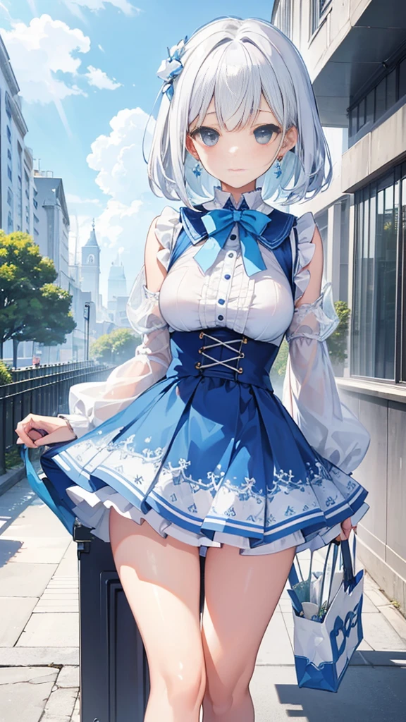 White and blue lace-up short skirt，Waterfront building coast cool white-haired girl（（Full body pictures）），Perfectly proportioned body，slim，Lively, Cheerful and happy，（（Ultra-sharp details）），（（Exquisite clothing patterns）），（Sexy）