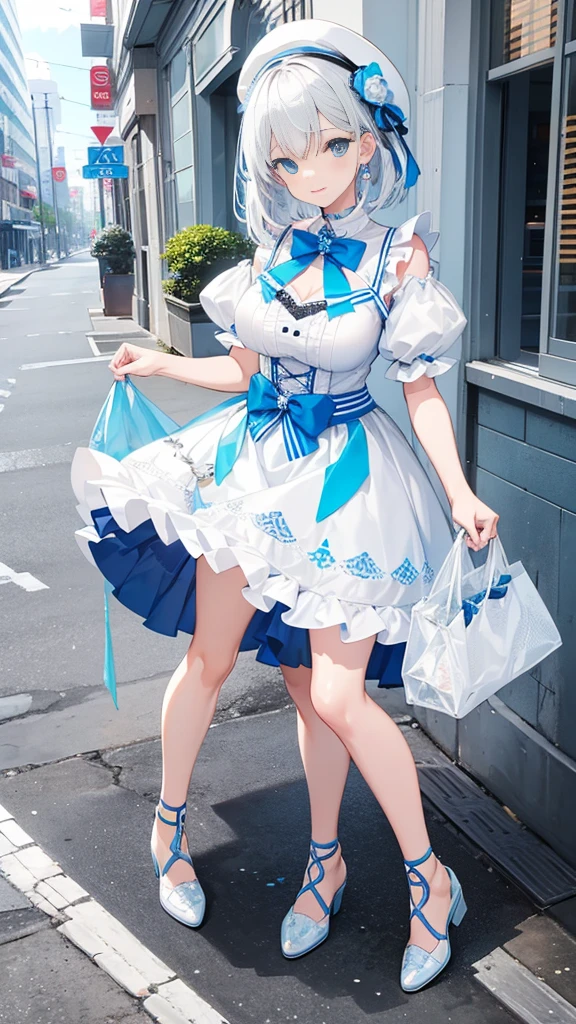 White and blue lace-up short skirt，Waterfront building coast cool white-haired girl（（Full body pictures）），Perfectly proportioned body，slim，Lively, Cheerful and happy，（（Ultra-sharp details）），（（Exquisite clothing patterns）），（Sexy）
