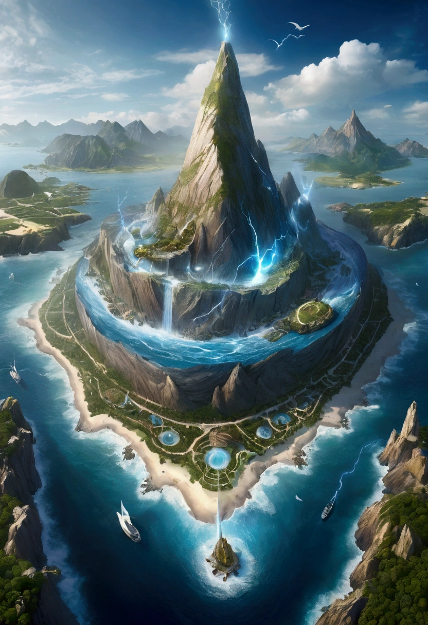 A detailed and complex topographical map of the mysterious island，Composed of different elemental materials, Wide-angle lens,（Best quality，4K，8k，high resolution，masterpiece：1.2），Ultra Detail，fantasy，Volumetric Lighting，panoramic，Wind effect，闪electricity，electricity，fire，ice，gem，Metal，Wood texture