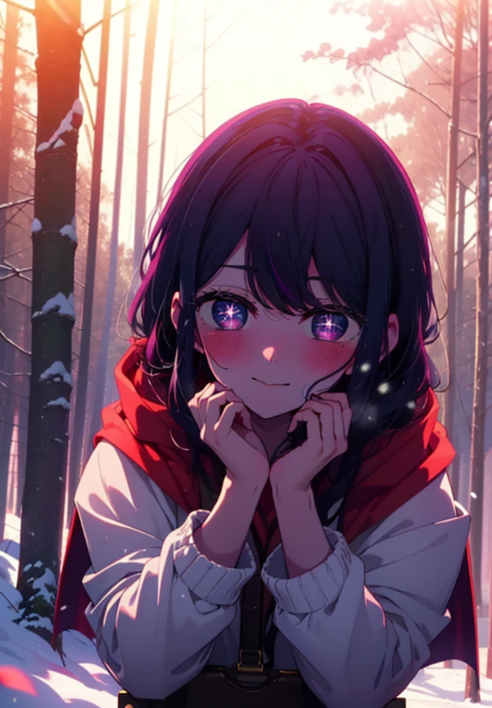 aihoshino, Ai Hoshino, Long Hair, bangs, (Purple eyes:1.1), Purple Hair, (Symbol-shaped pupil:1.5), smile,,smile,blush,white breath,
Open your mouth,snow,Ground bonfire, Outdoor, boots, snowing, From the side, wood, suitcase, Cape, Blurred, , forest, White handbag, nature,  Squat, Mouth closed, Cape, winter, Written boundary depth, Black shoes, red Cape break looking at viewer, Upper Body, whole body, break Outdoor, forest, nature, break (masterpiece:1.2), Highest quality, High resolution, unity 8k wallpaper, (shape:0.8), (Beautiful and beautiful eyes:1.6), Highly detailed face, Perfect lighting, Extremely detailed CG, (Perfect hands, Perfect Anatomy),