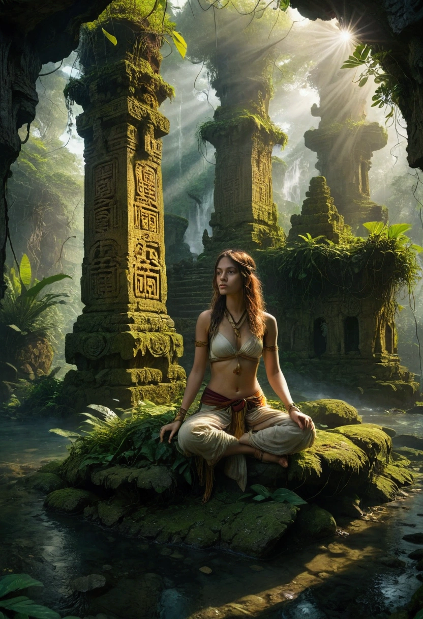 1girl, island, a mysterious island, lush tropical jungle, overgrown vegetation, winding rivers and waterfalls, ancient ruins and crumbling stone temples, sunlight filtering through the canopy, mist and fog obscuring the horizon, mysterious creatures lurking in the shadows, intricate carvings and hieroglyphics, weathered and mossy stone, golden sun rays, dramatic lighting, cinematic composition, vibrant colors, 8k, ultra-detailed, masterpiece, best quality, very aesthetic, absurdres